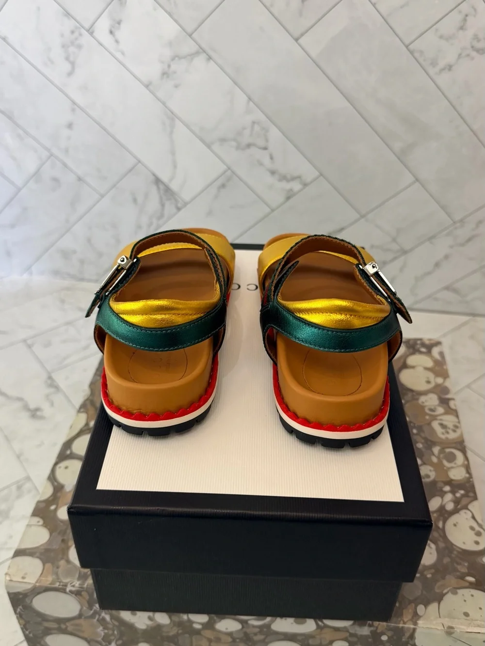 GUCCI KIDS Metallic Yellow & Green Sport Sandals